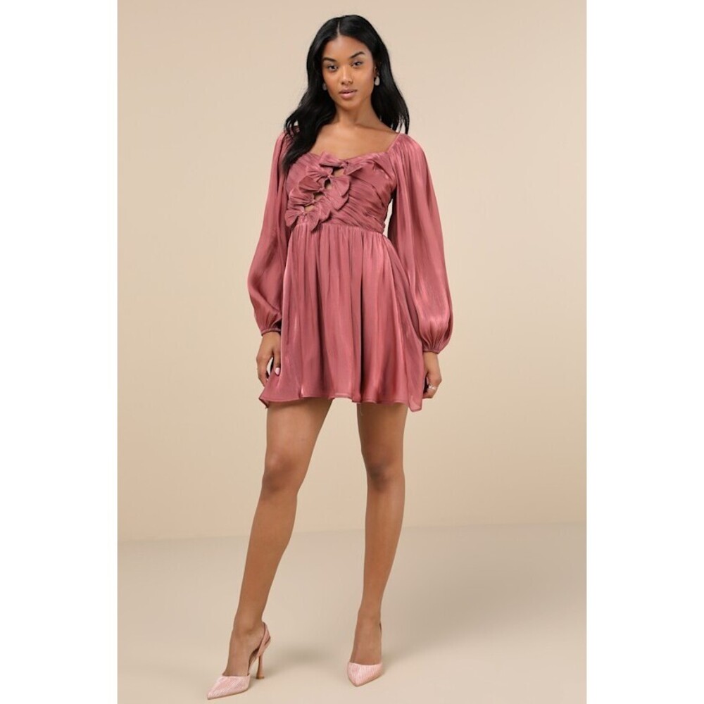 Lulus Playful Delight Rusty Rose Bow-front Long Sleeve Mini Dress Pink - Size XL